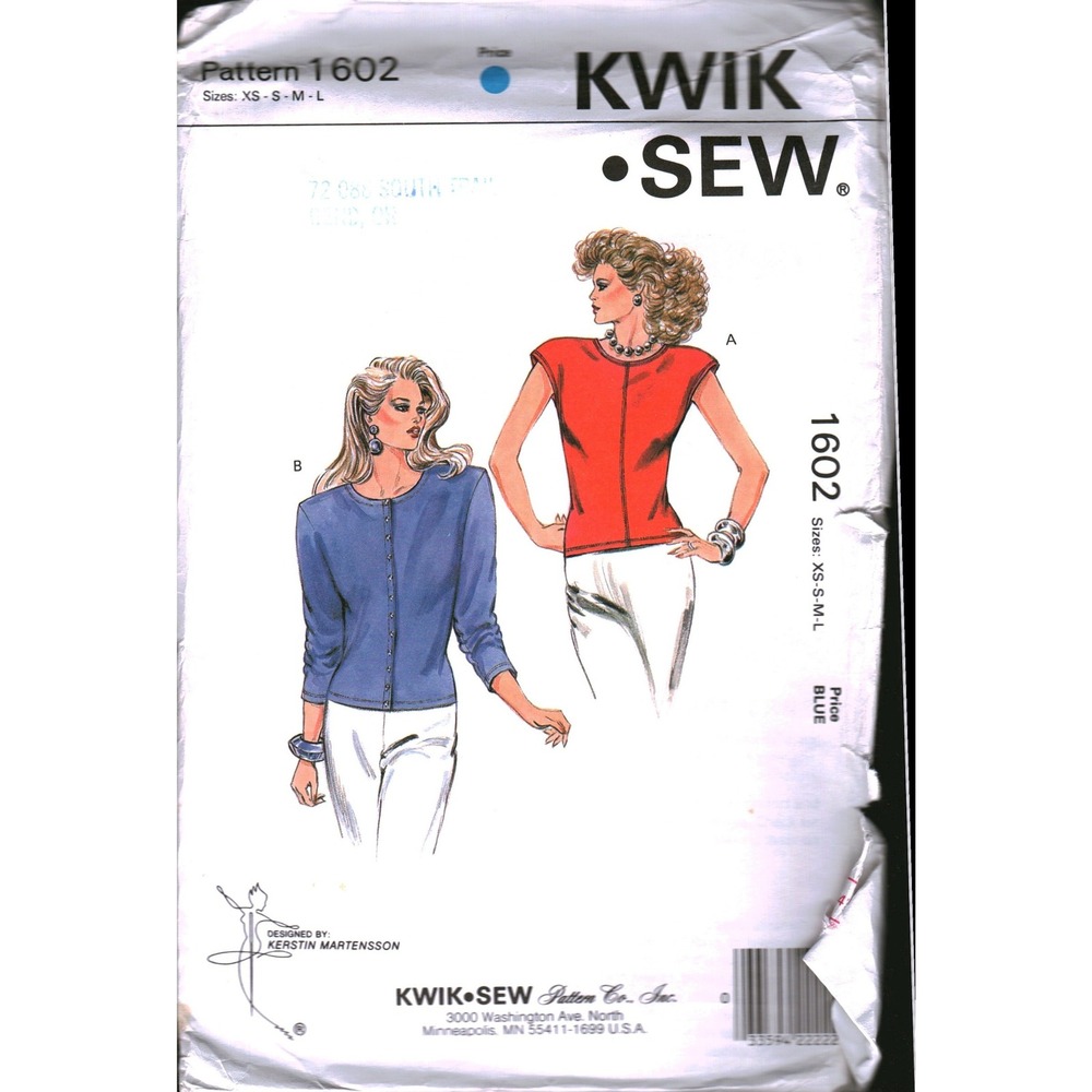 Kwik Sew 1602 Sewing Pattern Misses Tops Cardigan Cap Sleeve XS-M Vintage 1986